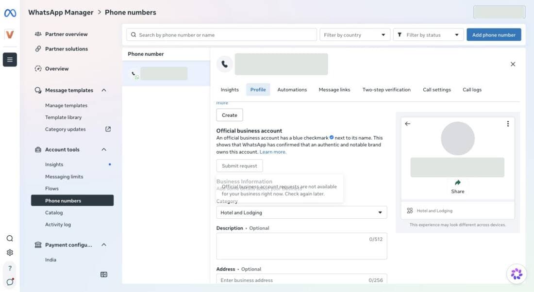 Tooltip: Official business account requests are not available for your business right now