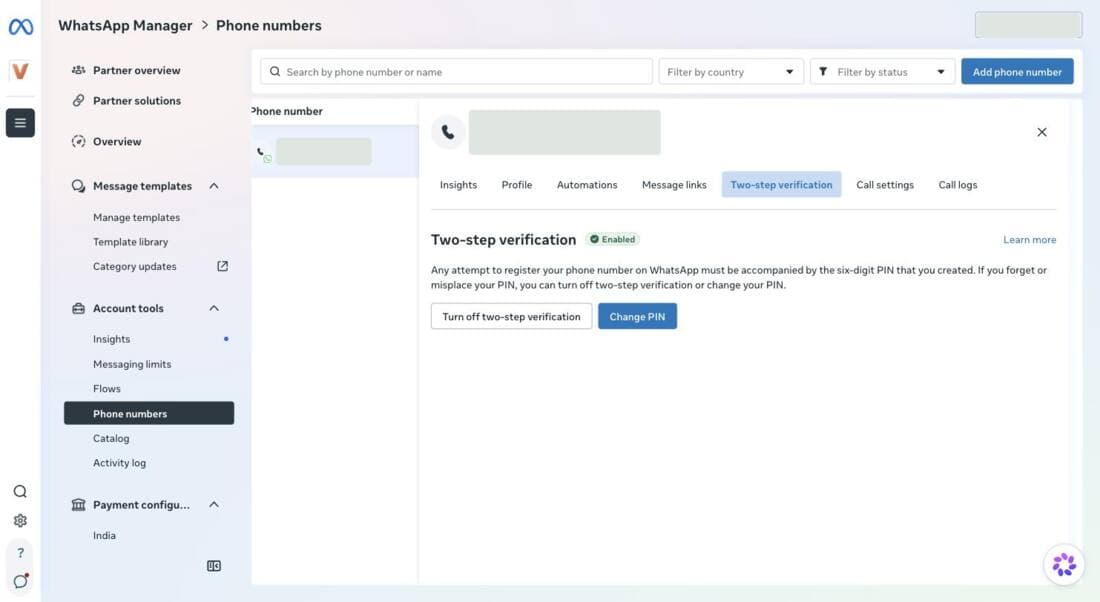 Two-step verification tab showing Enabled