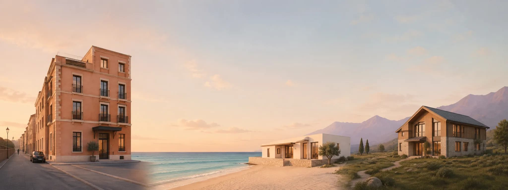 Three different properties at golden hour, a city townhouse, a beachfront villa and a mountain lodge