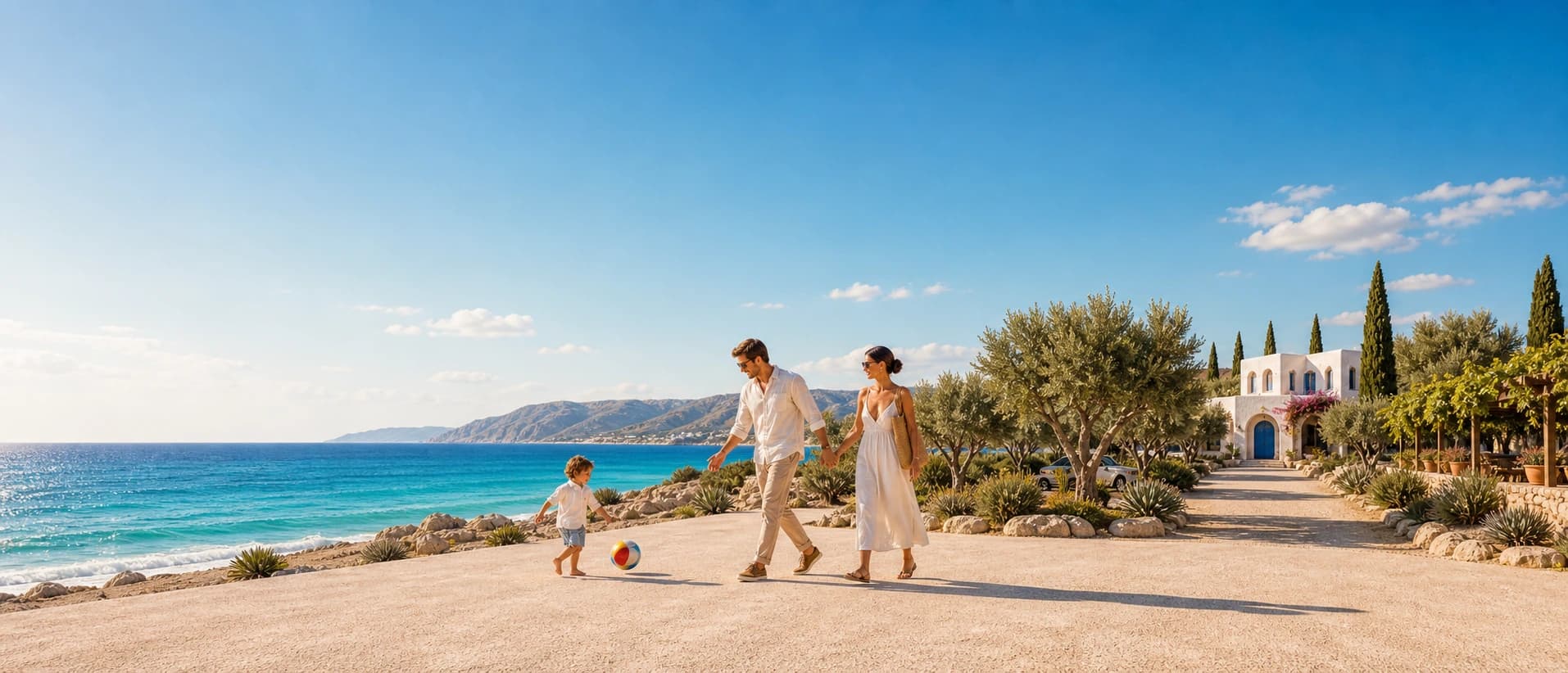 A family arriving at a coastal resort in bright afternoon light