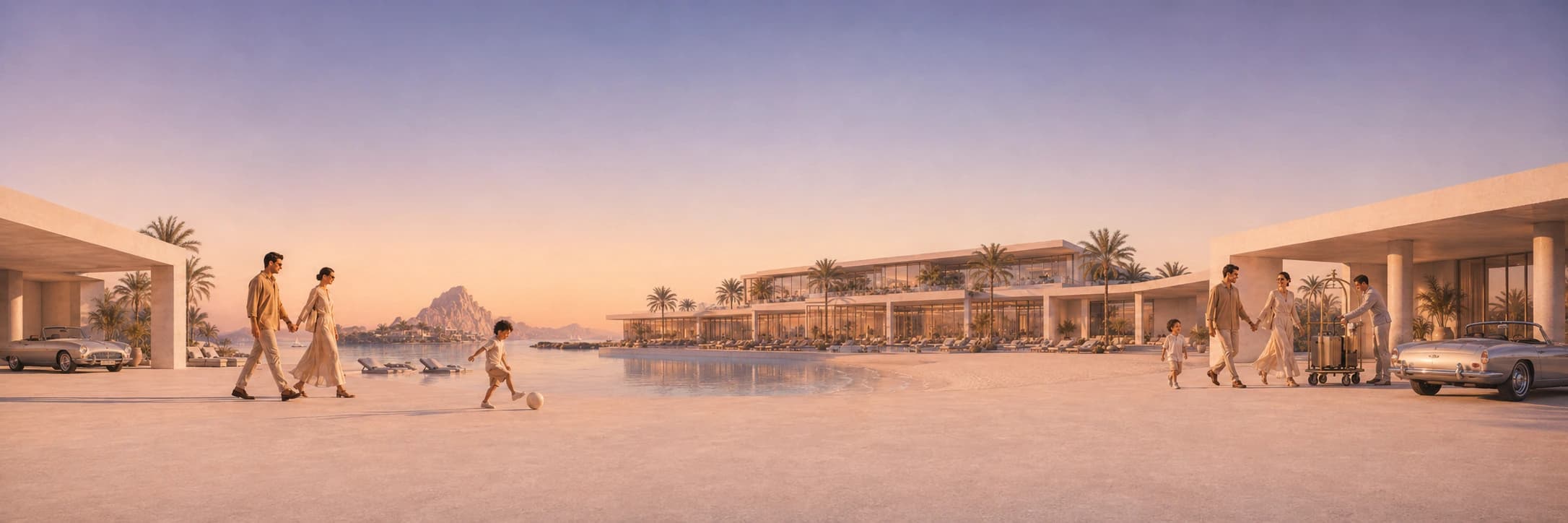 A wide resort frontage at dusk with day visitors and staying guests crossing the plaza