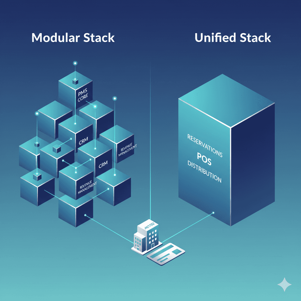 Diagram contrasting a modular stack of separate PMS, CRM and revenue management blocks with a single unified block covering reservations, POS and distribution